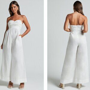 Showpo VELIA JUMPSUIT - STRAPLESS RUCHED BODICE WIDE LEG JUMPSUIT IN WHITE